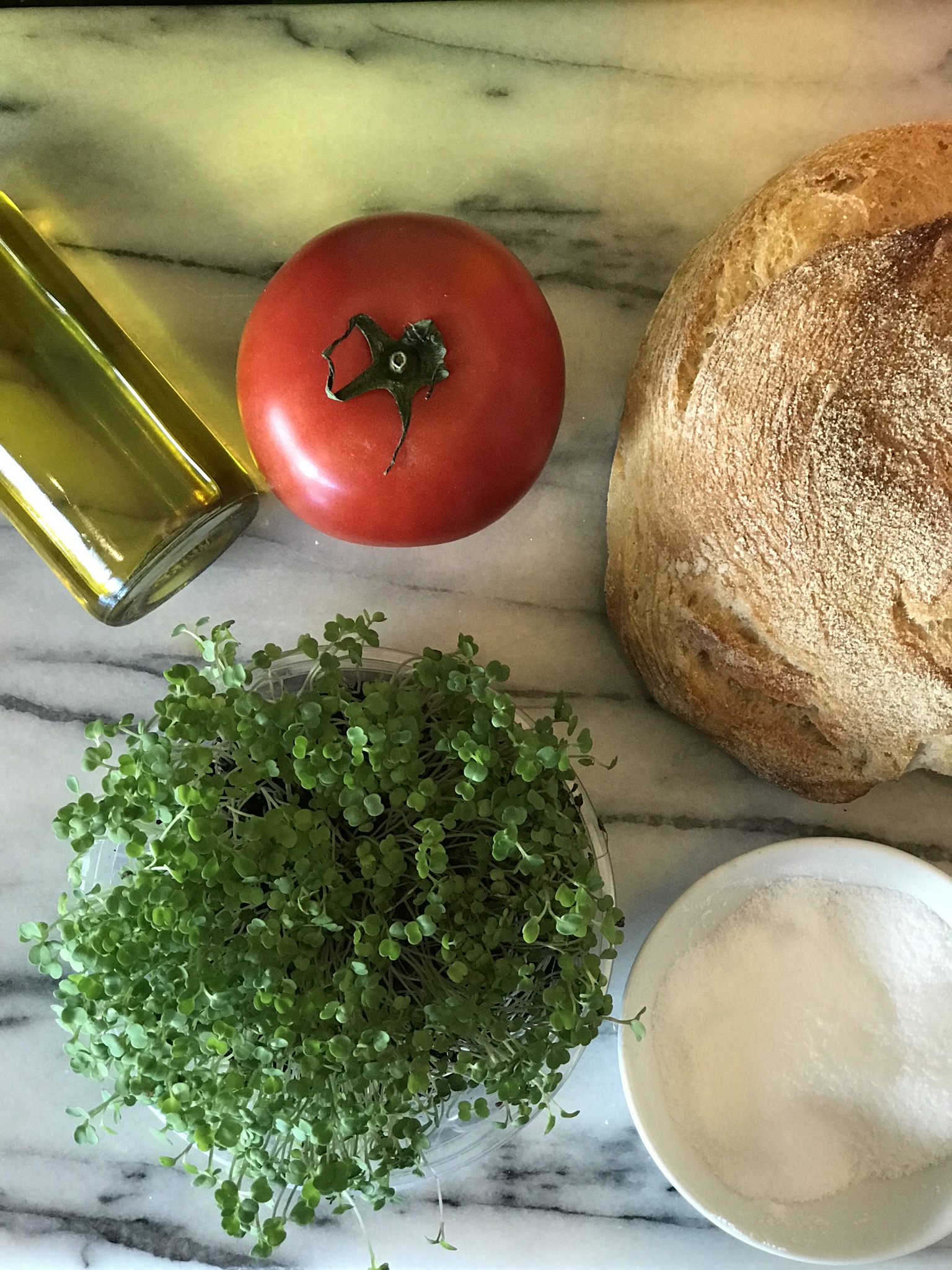 Extra Virgin Olive Oil, Tomato, Ciabatta, Living Arugula Microgreens, Salt. Not pictured, fresh whole milk mozzarella.