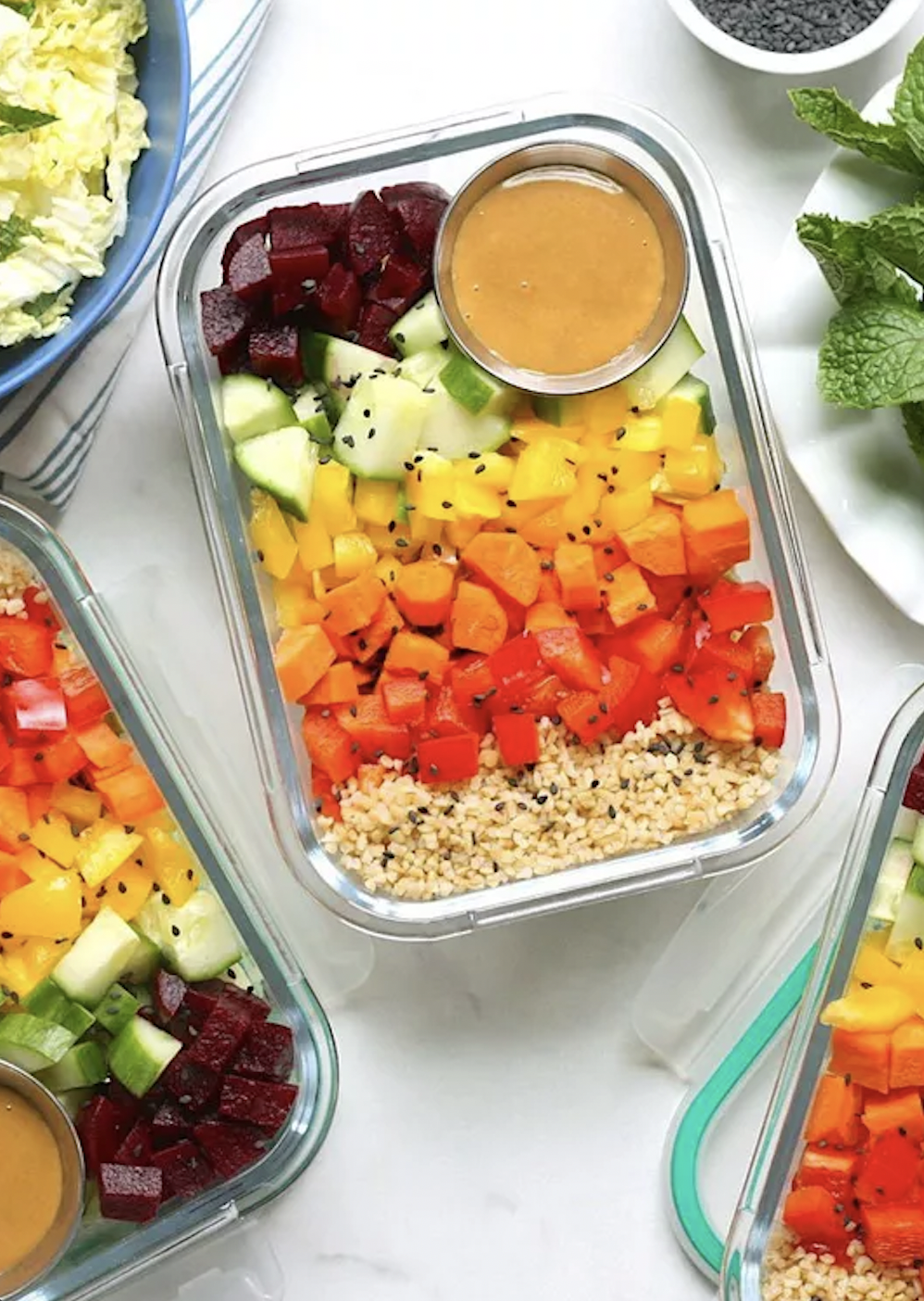 Meal Prep Chopped Rainbow Salad Bowls with Peanut Sauce