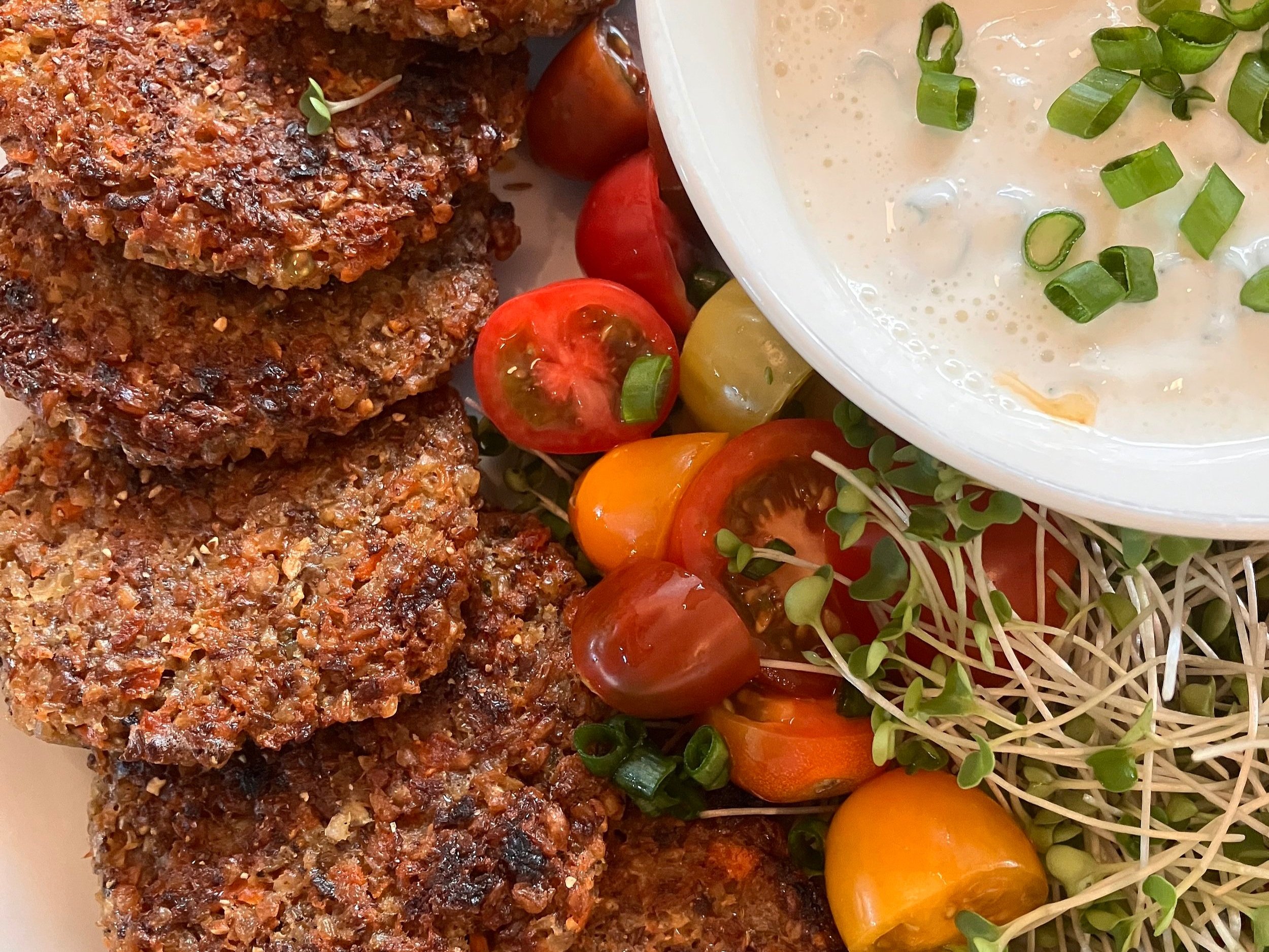 Sprouted Lentil Fritters with Sour Cream Dipping Sauce