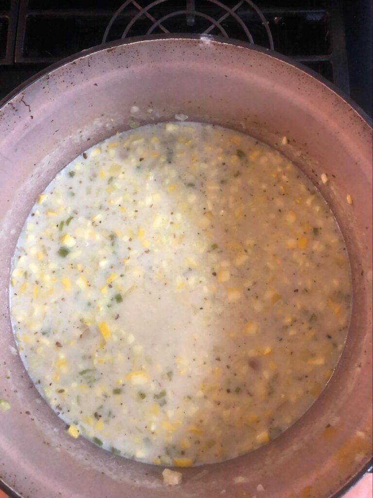 Liquids added to corn chowder before it thickened